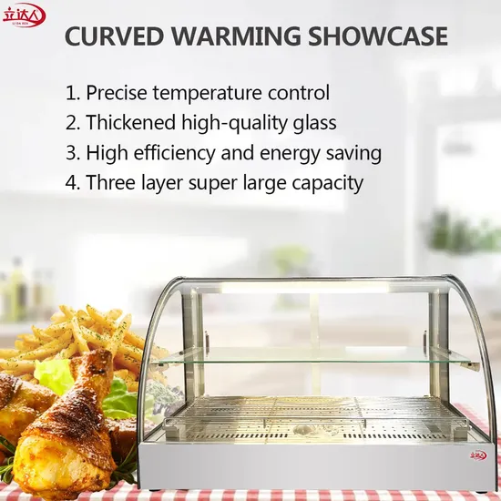 CE Approved China OEM 800W Stainless Steel Commercial Curved Warming Display Showcase Glass Window Display Cabinet Food Warmer, Bakery Bread Warmer 